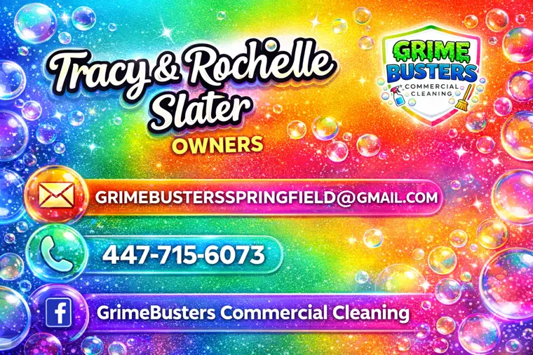 GrimeBusters Commercial Cleaning business card. The same contact details are listed above as text.